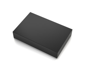 Black horizontal thin blank box from front top side far angle. 3D illustration isolated on white background.
