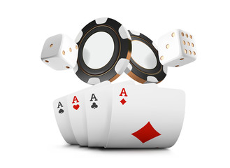 Playing cards, poker chips and dice fly casino on white background. Poker casino vector illustration. Online casino game gambling table 3d vector concept.