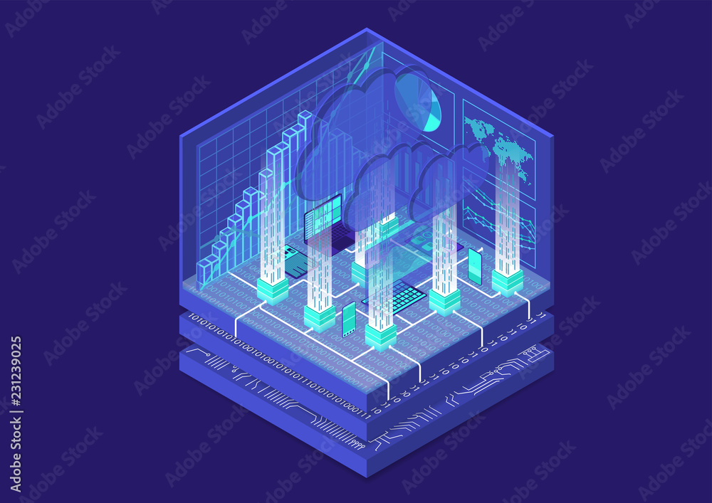 Poster cloud computing isometric vector illustration. abstract 3d infographic with mobile devices