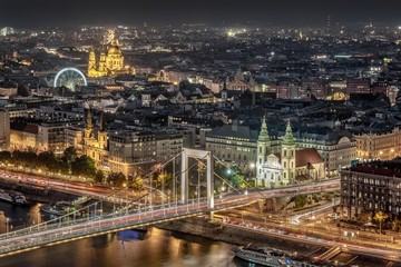 Fototapeta na wymiar Night aerial view of the Pest side of Budapest across the Danube River in Hungary, Europe