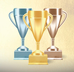 Set of golden, bronze and silver Trophy cups or goblets on textured background. Realistic Vector illustration