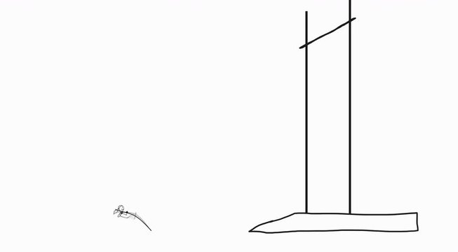 Animation: A stick figure with tries to pole-vault over a large height barrier