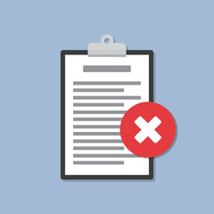 Clipboard with document and cross icon in a flat design