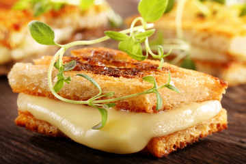 Whole grain toast sandwich with cheese and hrbs on wooden background and empty space for text