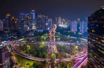 Semanggi bridge with night lights in Jakarta city