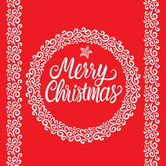 Merry Christmas white hand drawn lettering text inscription. Vector illustration round winter lace ornament frame and strip isolated on red background.