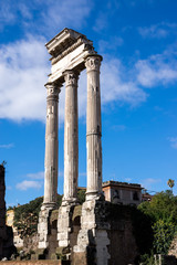 The remains of temple of Castor and Pollux in the Roman Forum, Rome, Italy. It was originally built...
