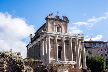 Fototapeta na wymiar The Temple of Antoninus and Faustina is an ancient Roman temple in Rome, adapted as a Roman Catholic church, namely, the Chiesa di San Lorenzo in Miranda. It is in the Forum Romanum, on the Via Sacra.