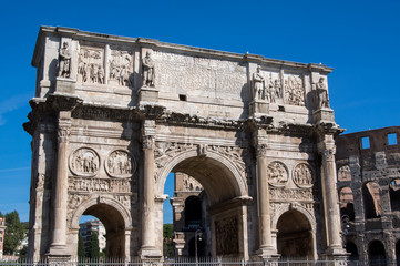 Fototapeta na wymiar The Arch of Constantine (Rome, Italy) situated between the Colosseum and the Palatine Hill is the largest Roman triumphal arch.