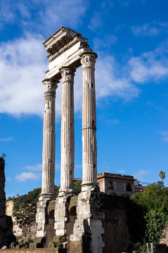 The remains of temple of Castor and Pollux in the Roman Forum, Rome, Italy. It was originally built in gratitude for victory of Rome at the Battle of Lake Regillus (495 BC) against local tribes.