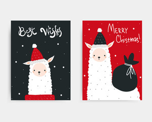 Christmas cards with cute llama and lettering. Vector hand drawn illustration. © bilaaa