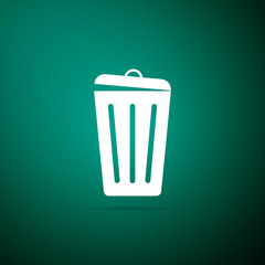Trash can icon isolated on green background. Garbage bin sign. Flat design. Vector Illustration
