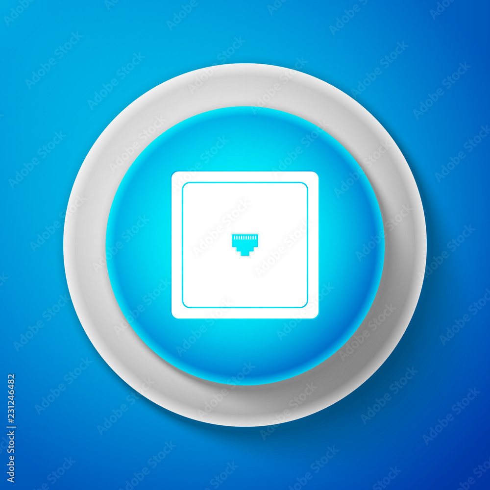 Poster white ethernet socket sign. network port - cable socket icon isolated on blue background. lan port i