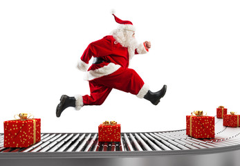 Santa Claus runs on the conveyor belt to arrange deliveries at Christmas time