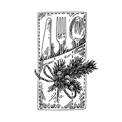 Christmas envelope with tableware decorated little bouquet spruce. Sketch. Engraving style. Vector illustration