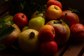Composition of Autumn fruits (pomegranates, apples, pears)