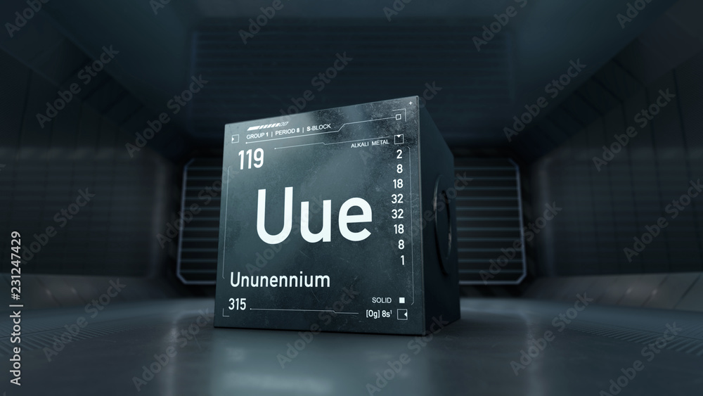 Poster futuristic design of ununennium element symbol from the periodc table on metallic cube - 3d render w