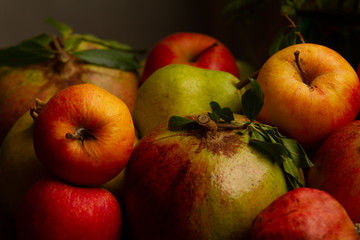 Composition of Autumn fruits (pomegranates, apples, pears)