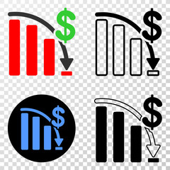 Crisis bar chart EPS vector pictogram with contour, black and colored versions. Illustration style is flat iconic symbol on chess transparent background.