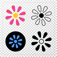 Flower EPS vector pictogram with contour, black and colored versions. Illustration style is flat iconic symbol on chess transparent background.