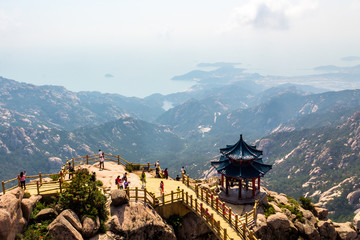 Pavilion on the top of Jufeng trail, Laoshan Mountain, Qingdao, China. Jufeng is the highest trail in Laoshan, where visitors can enjoy beautiful aerial views of the landscape