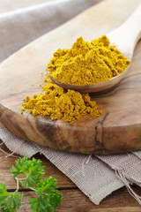 Currypulver auf einem Holzlöffel