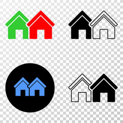 Houses EPS vector icon with contour, black and colored versions. Illustration style is flat iconic symbol on chess transparent background.