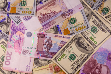 Background of the different american, ukrainian and russian banknotes