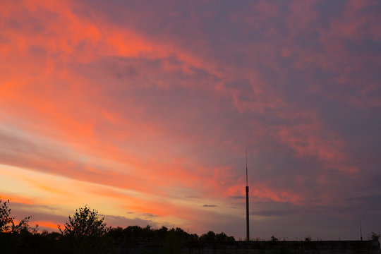 Landscape with bloody sunset. The terrain in southern Europe. It's summer now.
