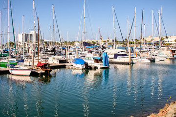 Fototapeta na wymiar Moored boats, yachts and catamarans in Townsville, Queensland, Australia