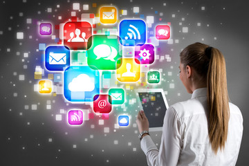 businesswoman holding tablet and internet icon design