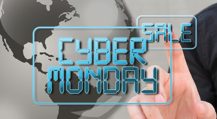 ciber monday sale concept, with business man interacting with text