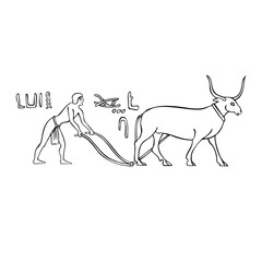 Egyptian hieroglyph depicting a man plowing on a bull.