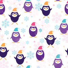 Cute penguins in Santa Claus hat seamless pattern. Great for baby and nursery Christmas fabric, wallpaper, giftwrap, party invitations as well as holiday projects.