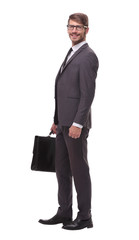 full growth. confident businessman with leather briefcase