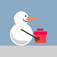 A cute smiling snowman  holding a red gift box. Christmas illustration