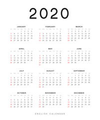 English calendar for 2020 years