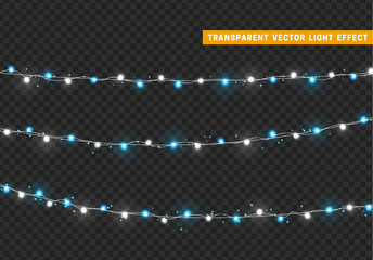 Christmas lights isolated realistic design elements. Glowing lights for Xmas holiday greeting card design. Garlands, Christmas decorations.