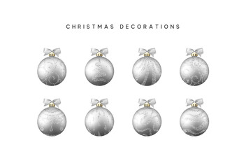 Xmas set balls silver color. Christmas bauble decoration elements.