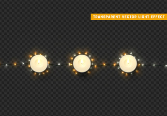 Christmas lights, isolated realistic design elements on transparent background. Xmas decorations glow light garlands white and golden color.