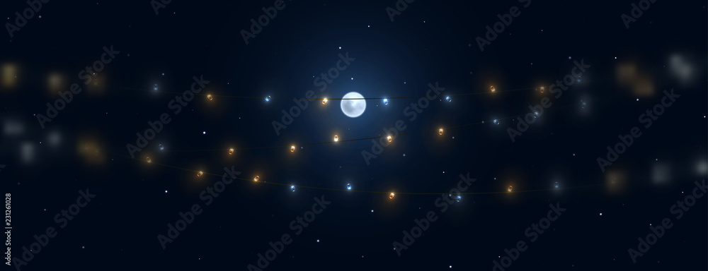 Poster night background with full moon on starry background and the horizontal string light garlands.