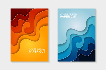 Set of cover design abstract with blue and orange paper cut shapes. Cover design with abstract background. Paper cut vector illustration for banner, presentation, and invitation.