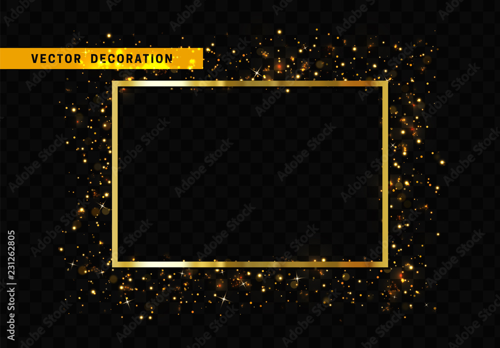 Poster golden rectangular frame isolated on transparent background. glitter border shining particles, of li