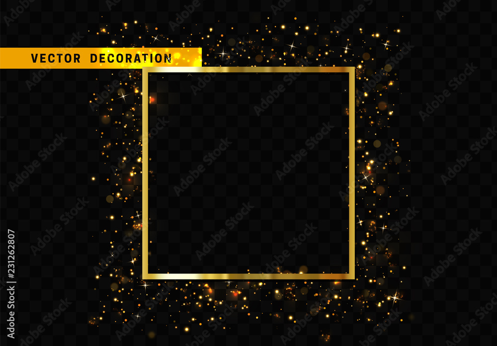Poster golden square frame isolated on transparent background. glitter border shining particles, of light e