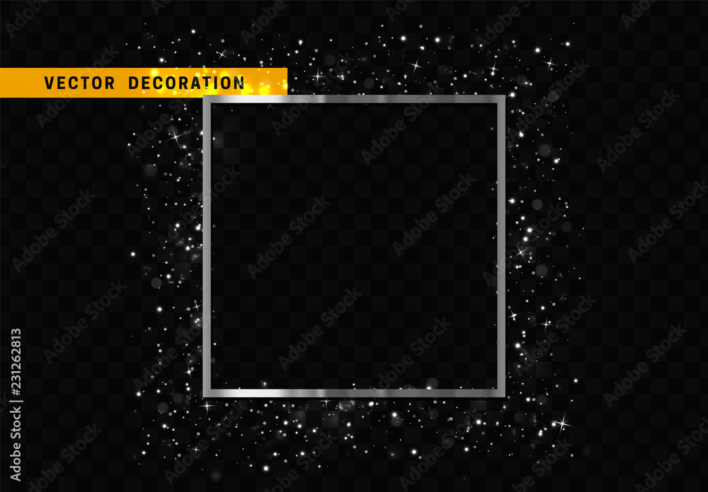 Poster silver square frame isolated on transparent background. glitter border shining particles, of light e
