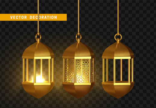 Gold vintage luminous lanterns. Arabic shining lamps. Isolated hanging realistic lamps. Effects of transparent vector background