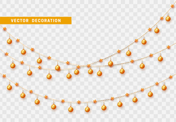 Christmas decorations isolated on transparent background. Gold garlands with balls and stars realistic set. Golden Xmas decor. Festive design element