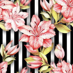 Seamless pattern with watercolor Azalea flowers on abstract white black geometric background.