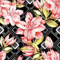 Seamless pattern with watercolor Azalea flowers on abstract white black geometric background. - 231263495