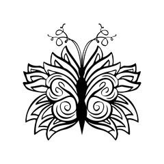 Butterflies coloring book page, contour line marker brush. Flying hand drawn insect. With curl ornaments and decoration. Poster, logo, typography design element. Isolated vector illustration